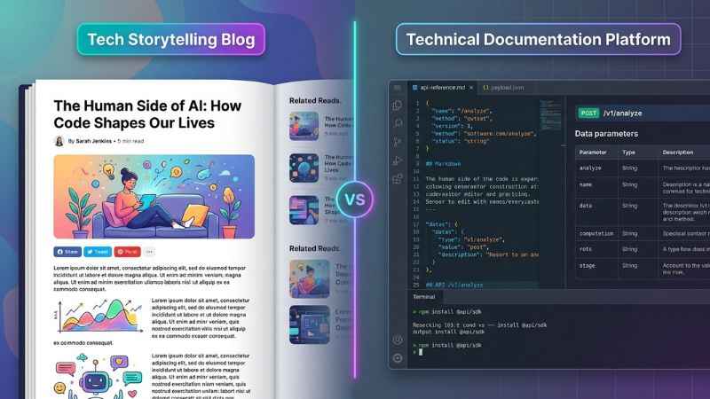 Visual comparison showing the difference between a tech storytelling blog post and formal technical documentation.
