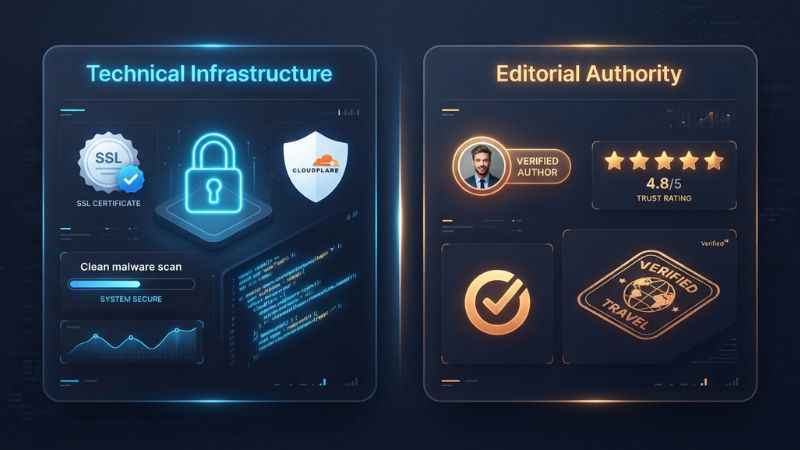 Diagram comparing technical website safety features with editorial content trust signals.