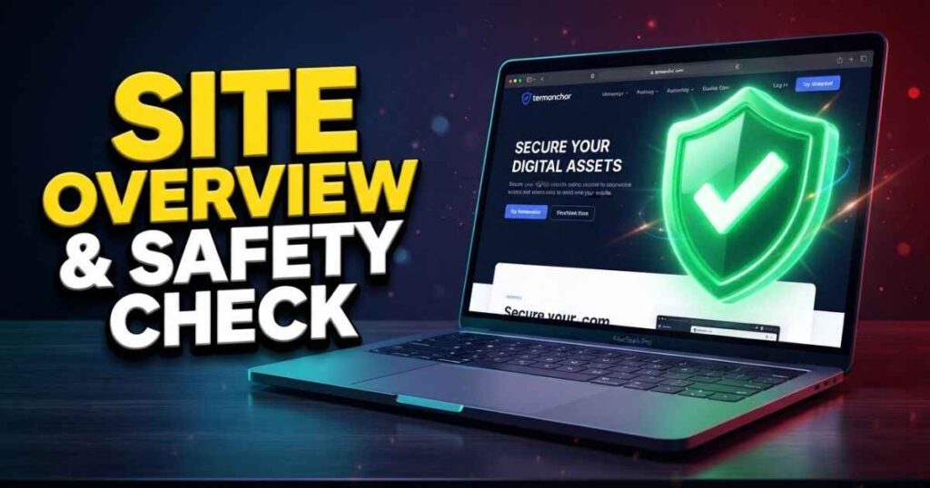 Laptop displaying termanchor.com homepage with a security checkmark shield graphic.