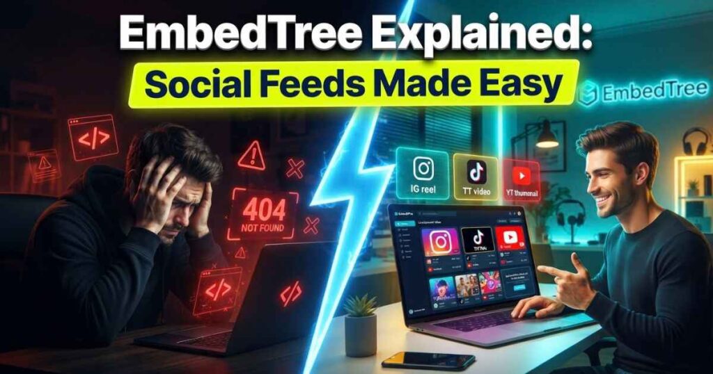 Illustrated comparison showing a confused creator fixing broken code on the left and a clean social media feed dashboard on the right.