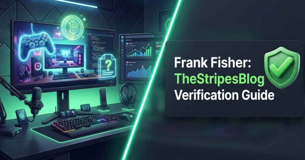 Illustration showing a website verification checklist and digital editor graphics for Frank Fisher at TheStripesBlog.