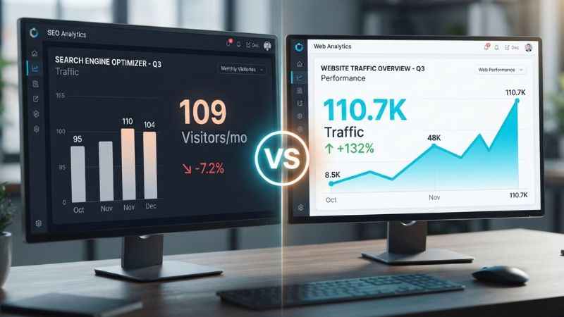 A comparison of SEO tool charts showing domain metrics and estimated organic traffic.