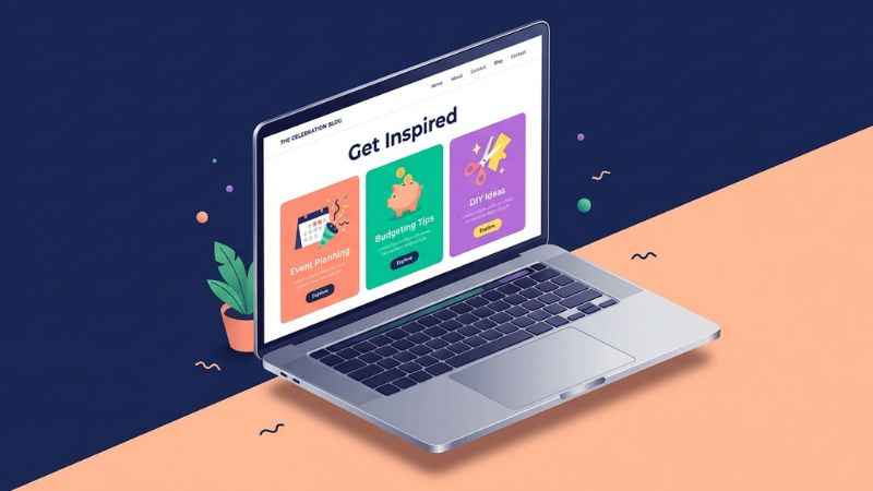 Clean vector illustration of a laptop screen displaying blog categories including Event Planning and DIY Ideas