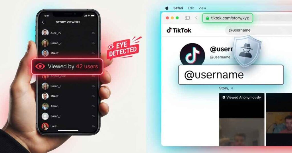 Illustration comparing TikTok app official Story views with an anonymous web browser search bar.