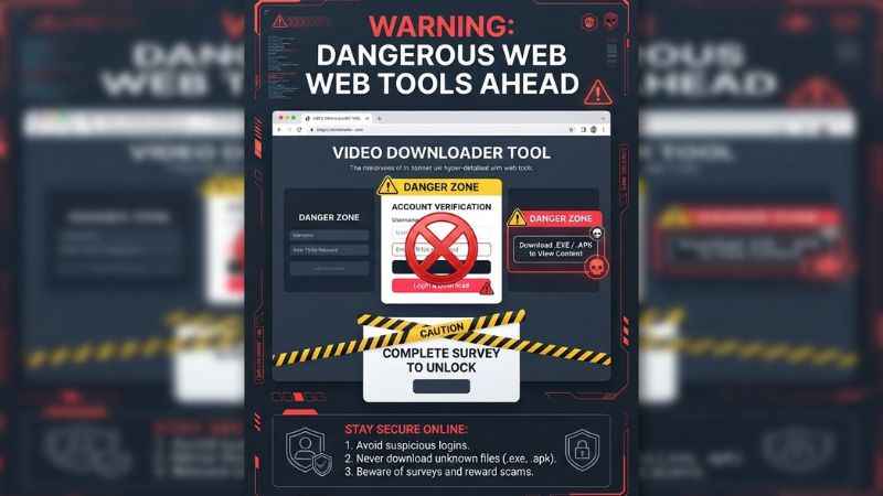 Visual guide highlighting safety red flags to avoid on third-party viewer websites.