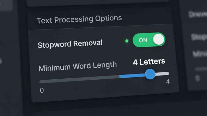 UploadWords settings menu for filtering stopwords and adjusting keyword length.