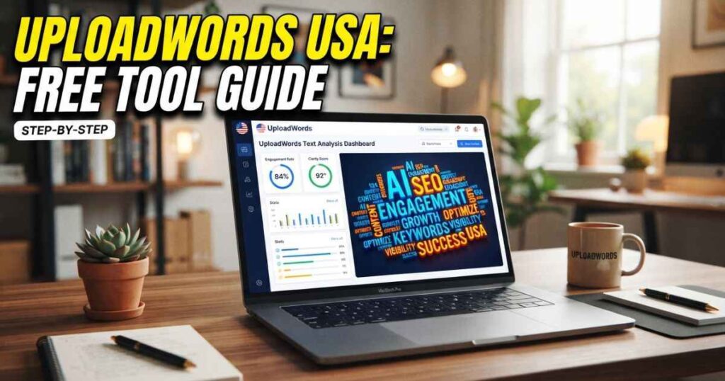 Laptop screen displaying the UploadWords text analyzer tool and word cloud generator.