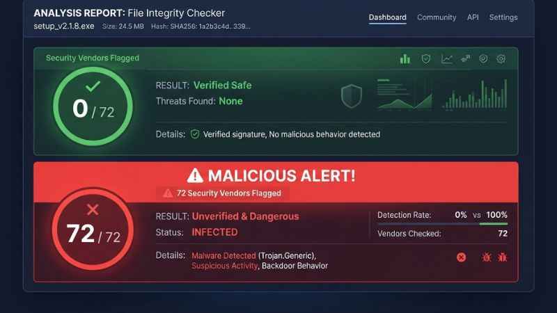 A VirusTotal security scan results screen showing how malware and unverified files are detected online.