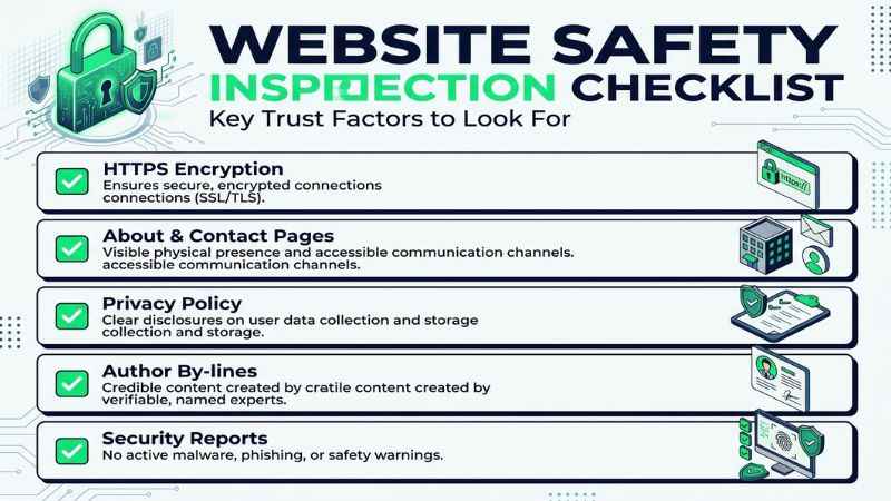 Infographic displaying an eight-point website trust checklist for evaluating unknown sites like alertsquora com.