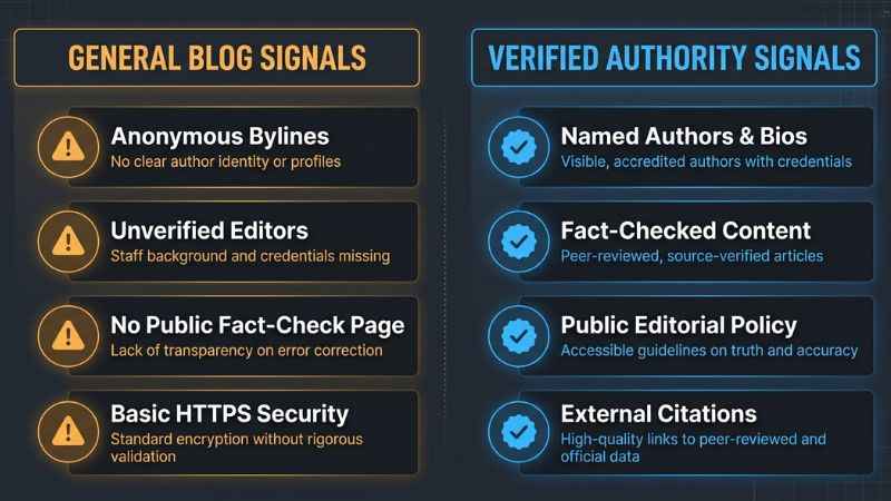 Checklist diagram comparing website trust signals and author transparency for online blogs