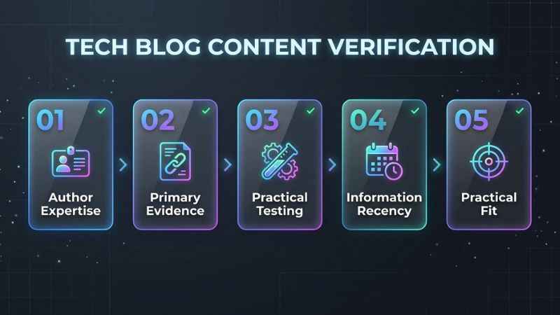 Five-step checklist graphic for evaluating tech blog articles for recency, evidence, testing, practical use, and author expertise.
